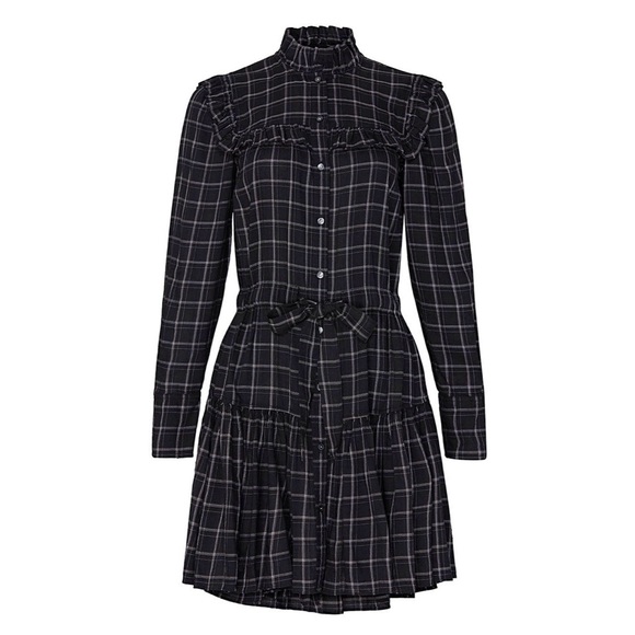 Rebecca Taylor La Vie Drapey Plaid Long Sleeve Belted Ruffle Dress - Black Combo - Picture 8 of 16